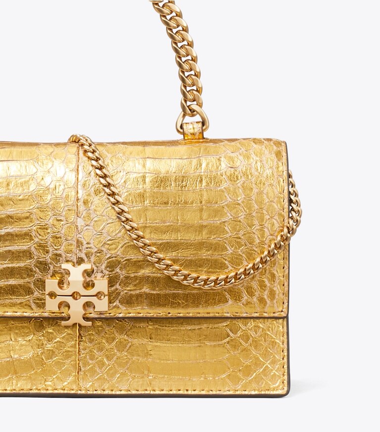 Tory Burch designer sacs à bandoulière Mini-sac à bandoulière Charlie en cuir de serpent avec poignée supérieure dans Gold détails