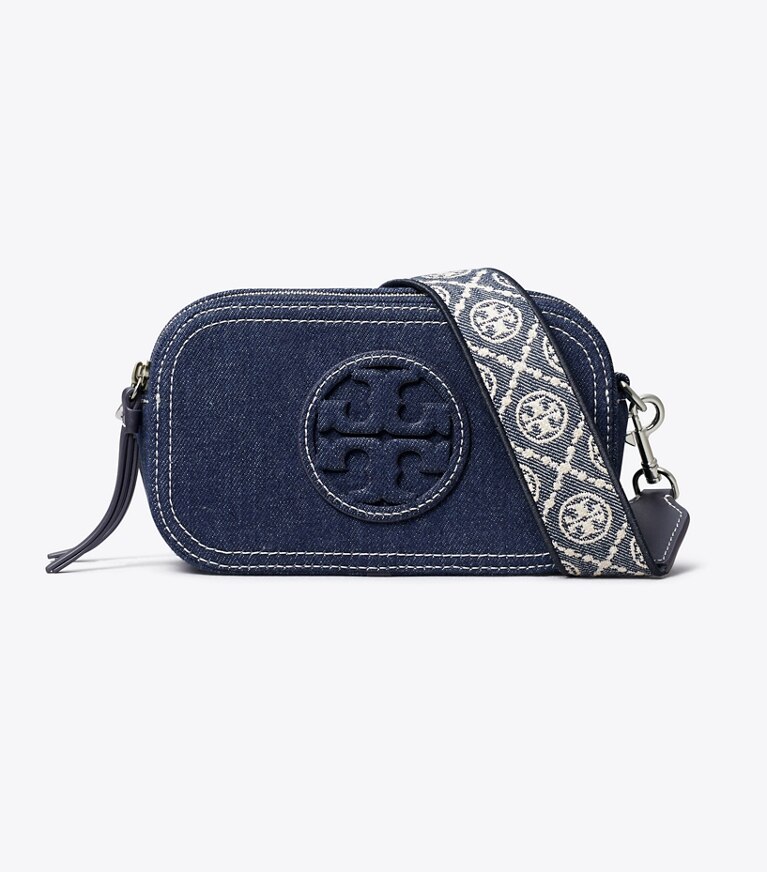 Tory Burch designer sacs à bandoulière Mini sac à bandoulière Miller en denim in Royal Navy angle