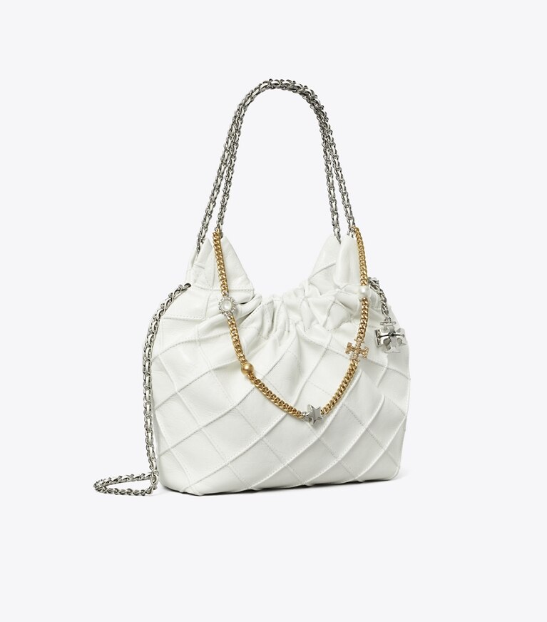 Tory Burch designer sacs à bandoulière Mini sac à cordon de serrage Fleming en cuir souple craquelé in Blanc angle