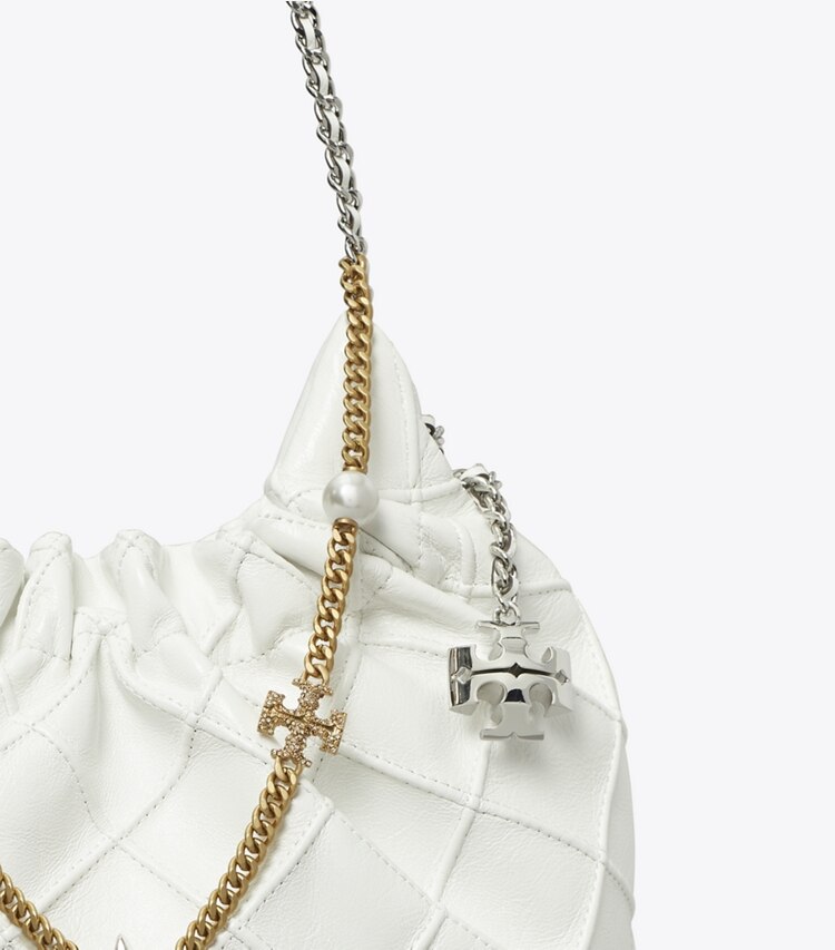 Tory Burch designer sacs à bandoulière Mini sac à cordon de serrage Fleming en cuir souple craquelé in Blanc informations