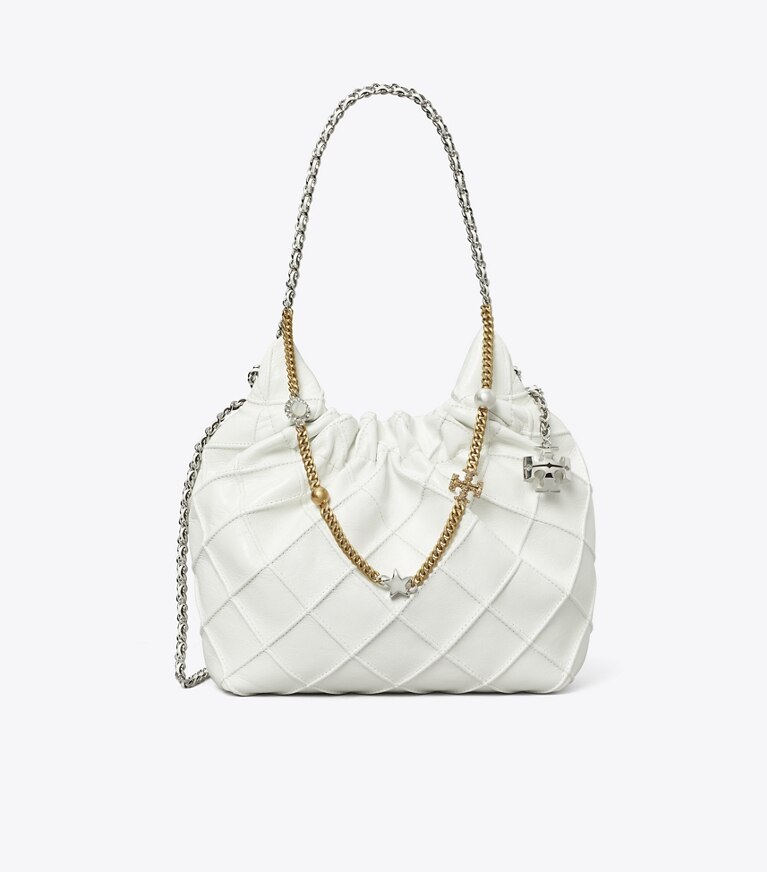 Tory Burch designer sacs à bandoulière Mini sac à cordon de serrage Fleming en cuir souple craquelé in Blanc angle