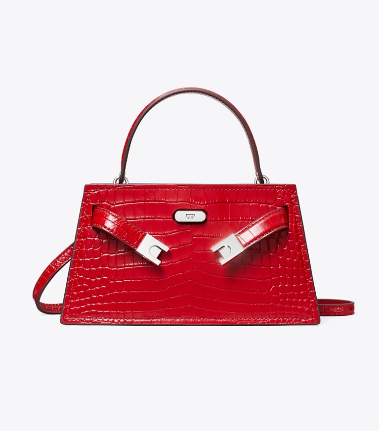 Tory Burch designer sacs à bandoulière Mini sac à poignée Lee Radziwill embossé façon croco dans Red Sky de face