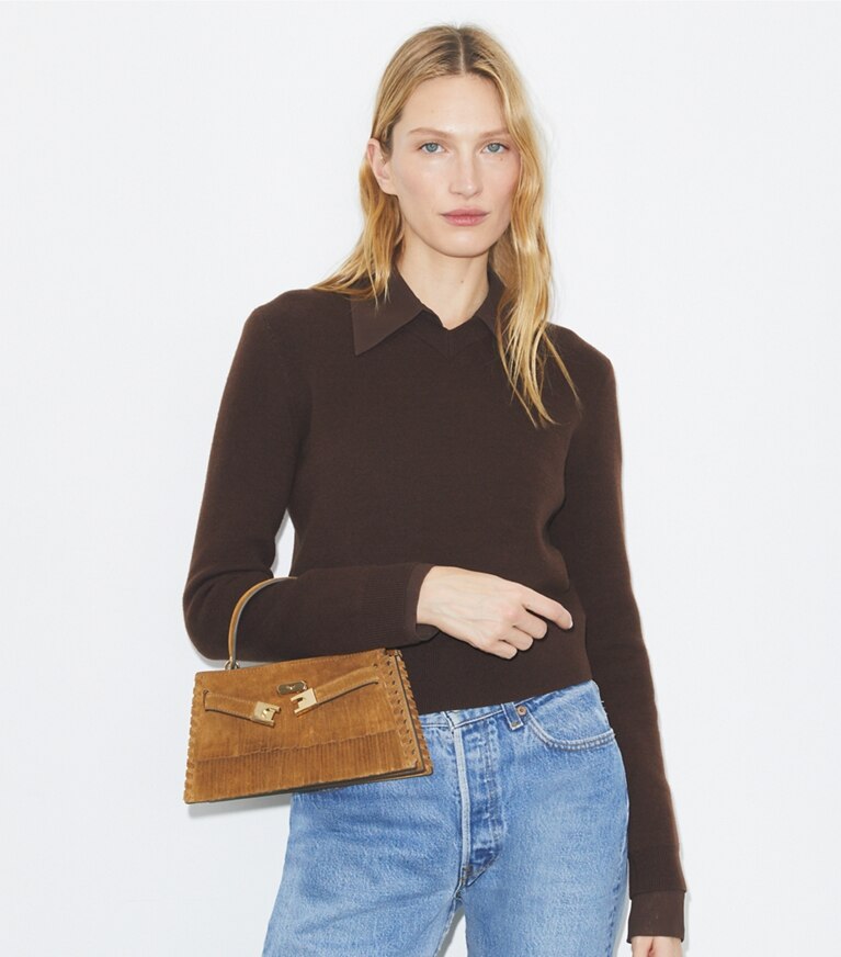 Tory Burch designer sacs à bandoulière Mini sac à poignée Lee Radziwill en suède à franges dans WILD TABACCO supplémentaire sur le modèle