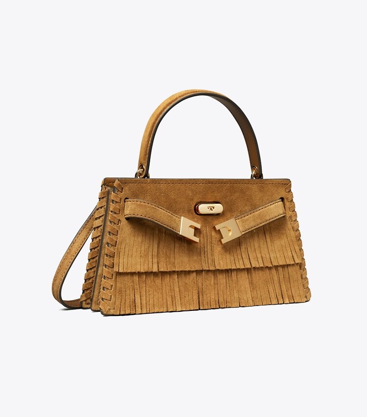 Tory Burch designer sacs à bandoulière Mini sac à poignée Lee Radziwill en suède à franges dans WILD TABACCO angle