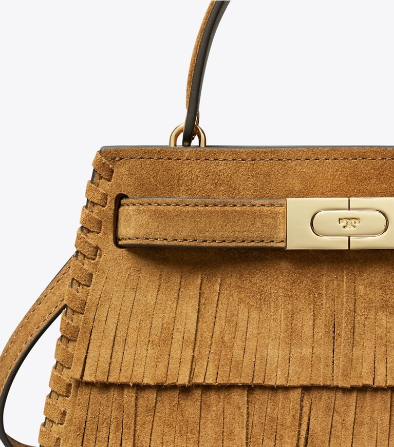 Tory Burch designer sacs à bandoulière Mini sac à poignée Lee Radziwill en suède à franges dans WILD TABACCO détails