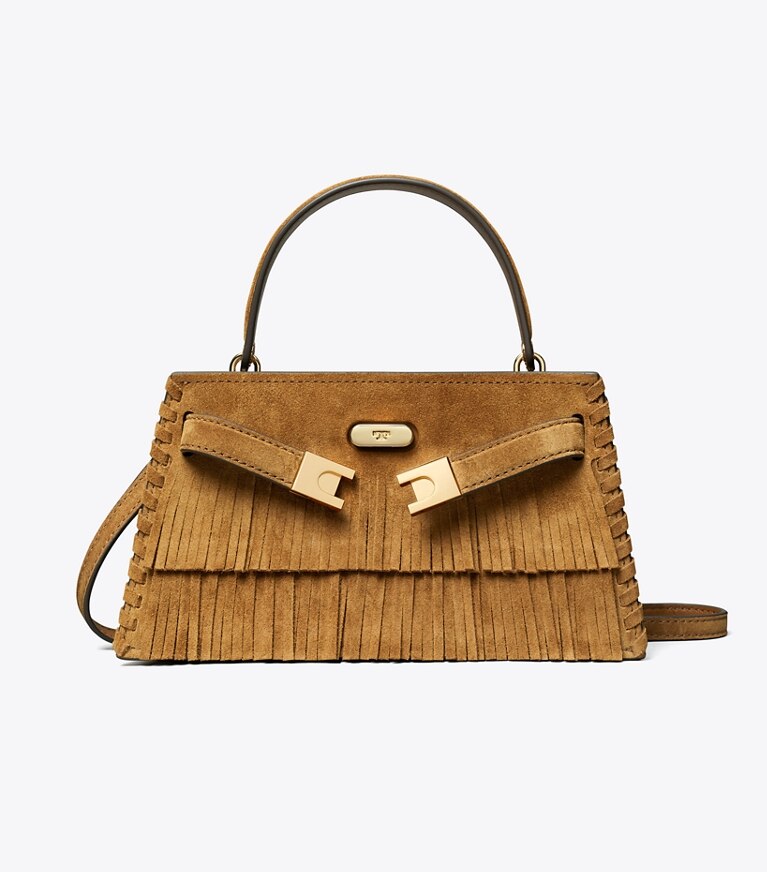 Tory Burch designer sacs à bandoulière Mini sac à poignée Lee Radziwill en suède à franges dans WILD TABACCO de face