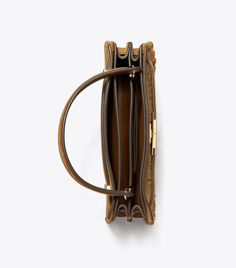 Tory Burch designer sacs à bandoulière Mini sac à poignée Lee Radziwill en suède à franges dans WILD TABACCO vue du dessus