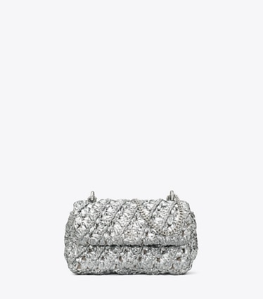Tory Burch designer sacs à bandoulière Mini sac à rabat Kira en satin tissé in Silver front