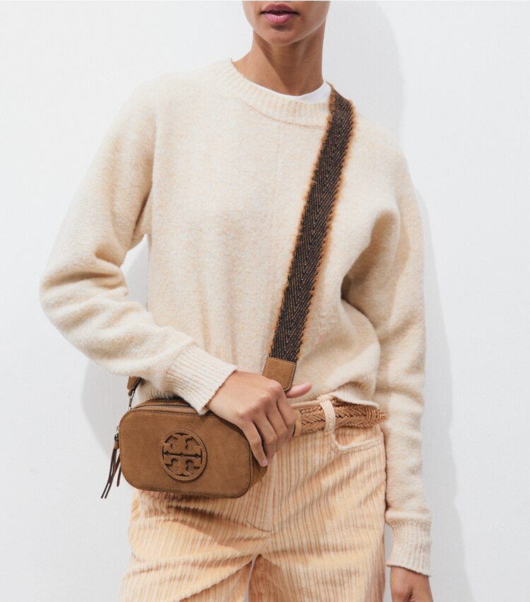 Tory Burch designer sacs à bandoulière Mini sac bandoulière en suède Miller dans Toffee accessoire sur le modèle