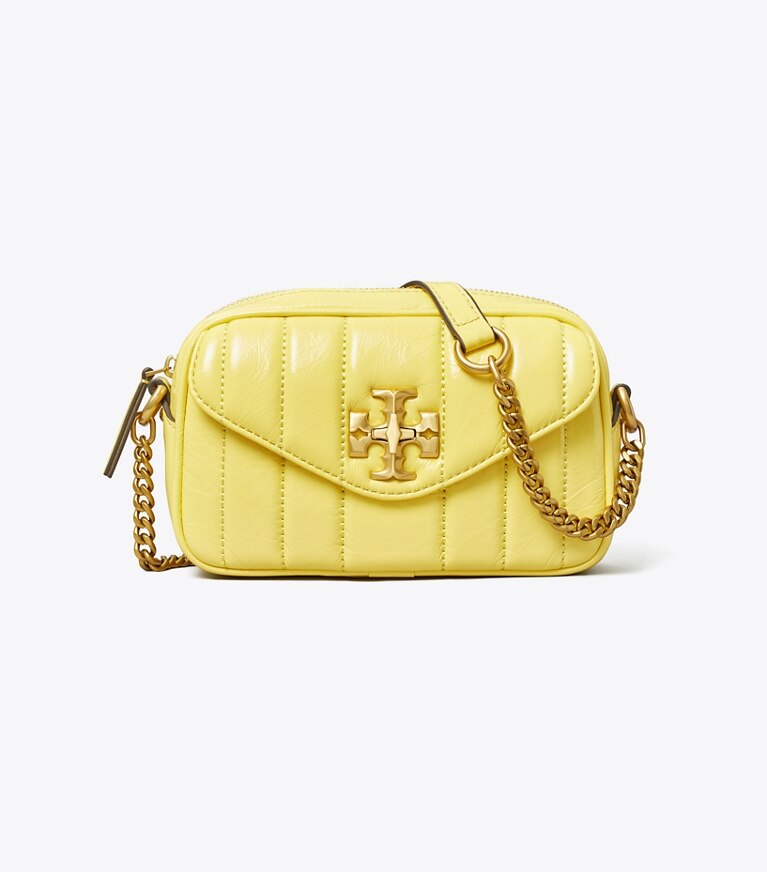 Tory Burch designer sacs à bandoulière Mini sac caméra Kira verni dans Vintage Lemon de face
