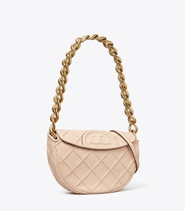 Tory Burch designer sacs porté épaule Mini sac croissant Fleming Soft en cuir poli in Pink Dawn angle