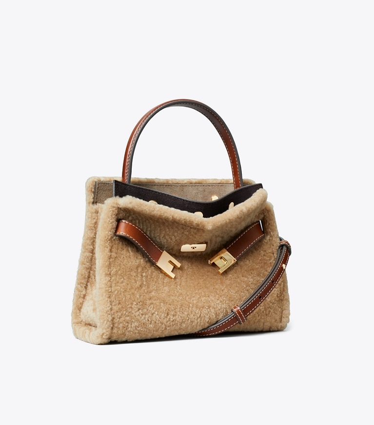 Tory Burch designer sacs à bandoulière Mini sac double Lee Radziwill en shearling in Teddy angle
