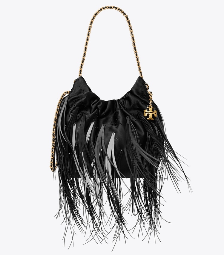 Tory Burch designer sacs à bandoulière Mini sac Fleming à cordon de serrage et plumes in Black front