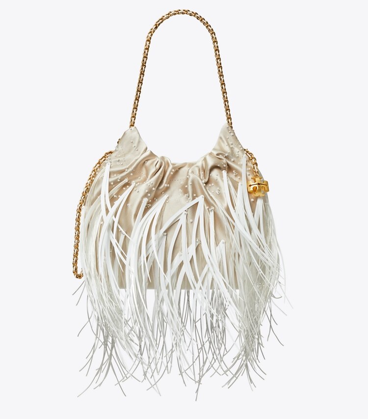 Tory Burch designer sacs à bandoulière Mini sac Fleming à cordon de serrage et plumes in Stone front