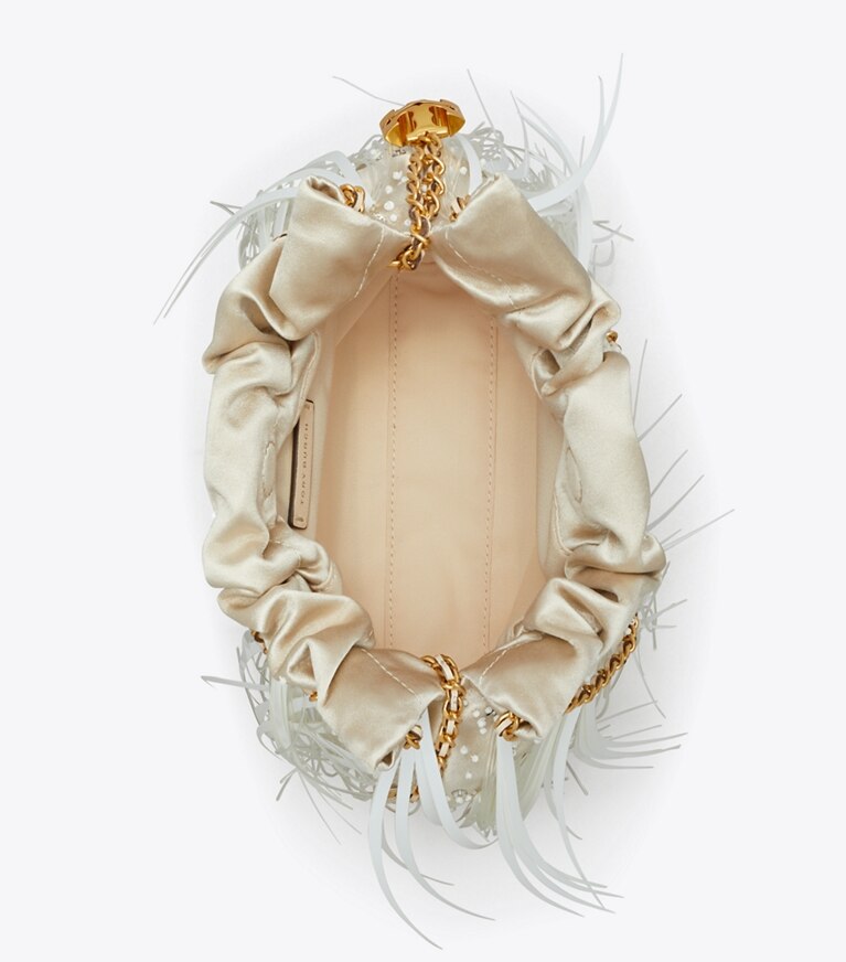 Tory Burch designer sacs à bandoulière Mini sac Fleming à cordon de serrage et plumes in Stone angle