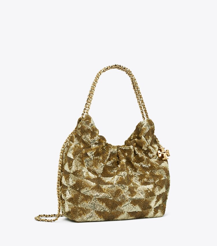 Tory Burch designer sacs à bandoulière Mini sac Fleming à cordon de serrage et sequins in 18 KT Gold angle