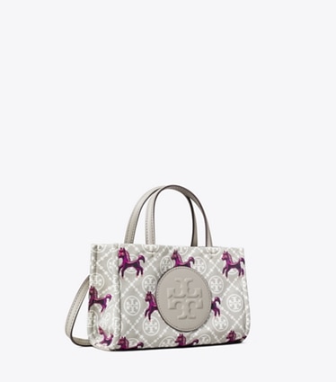 Tory Burch designer cabas Mini sac fourre-tout Ella Horse dans Gray / Magenta angle