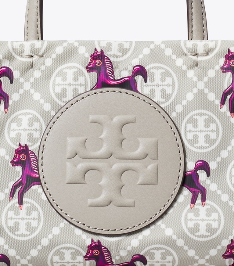 Tory Burch designer cabas Mini sac fourre-tout Ella Horse dans Gray / Magenta détails
