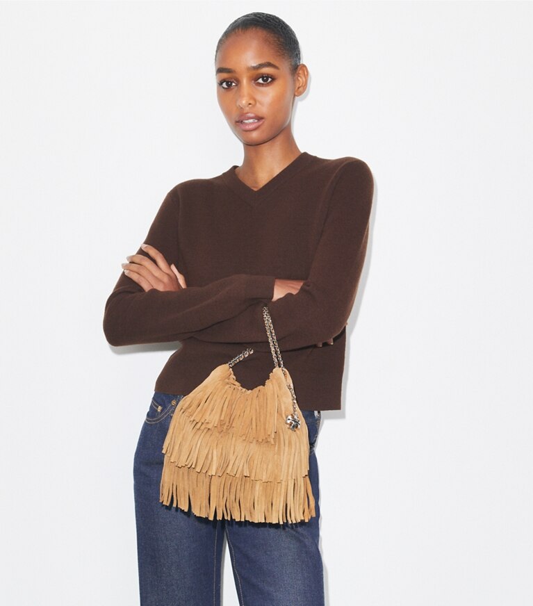 Tory Burch designer sacs à bandoulière Mini sac hobo à franges Fleming in WILD TABACCO angle