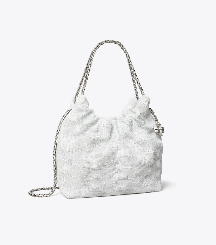 Tory Burch designer sacs à bandoulière Mini sac Hobo Fleming à paillettes in White angle