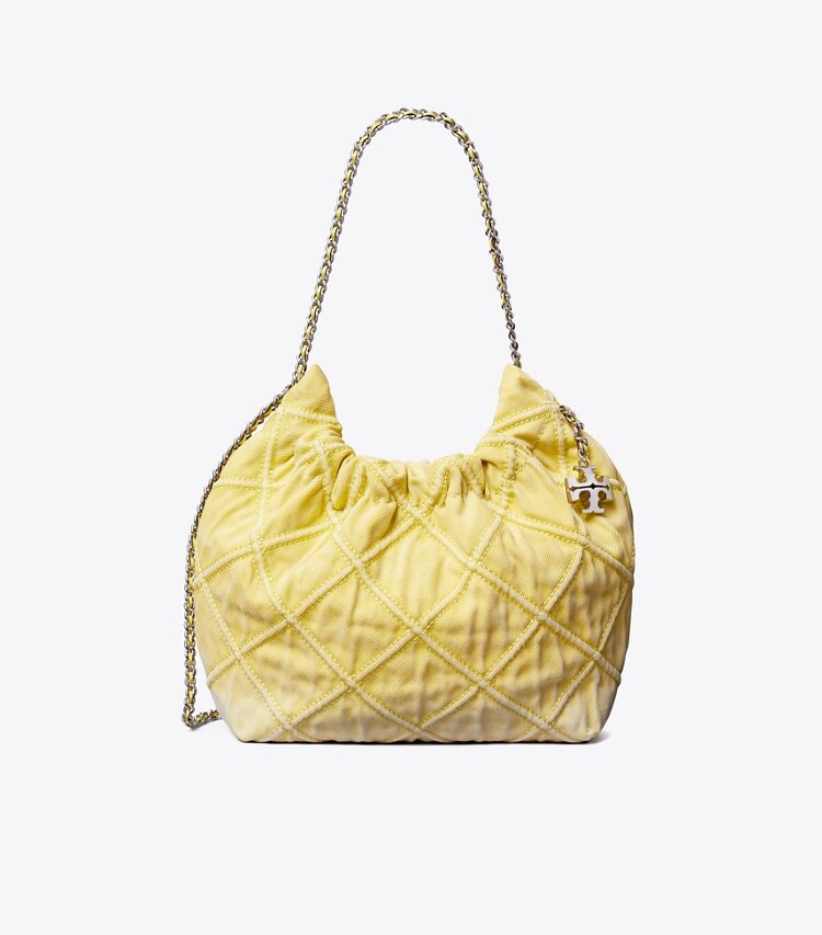 Tory Burch designer sacs à bandoulière Mini sac Hobo Fleming en denim doux in Yellow front