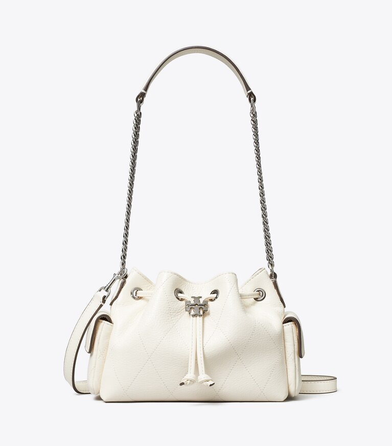 Tory Burch designer sacs à bandoulière Mini sac porté épaule Charlie matelassé à cordon de serrage dans Light Cream de face
