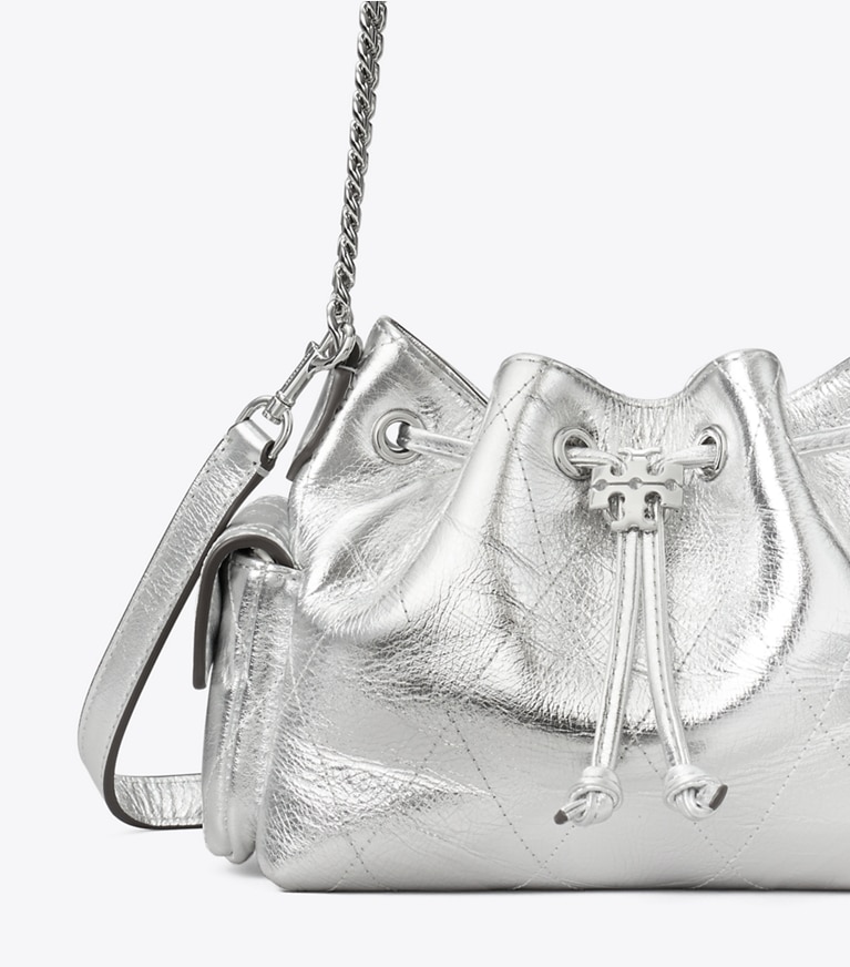 Tory Burch designer sacs à bandoulière Mini sac porté épaule Charlie matelassé métallisé à cordon in Silver informations