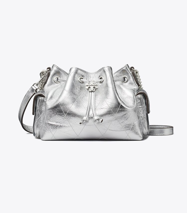 Tory Burch designer sacs à bandoulière Mini sac porté épaule Charlie matelassé métallisé à cordon in Silver front