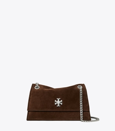 Tory Burch designer sacs porté épaule Mini sac porté épaule Kira en daim avec fermoir tourniquet in Dark Cocoa front