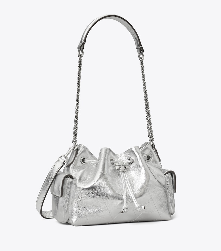 Tory Burch designer sacs à bandoulière Mini sac porté épaule métallique Charlie matelassé à cordon de serrage dans Silver angle