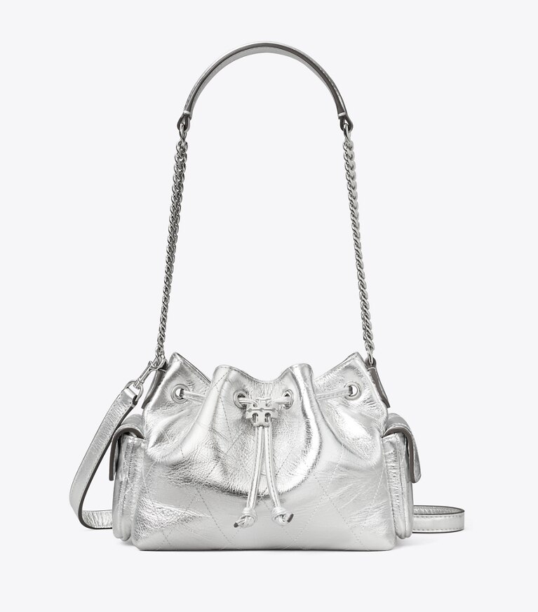 Tory Burch designer sacs à bandoulière Mini sac porté épaule métallique Charlie matelassé à cordon de serrage dans Silver de face