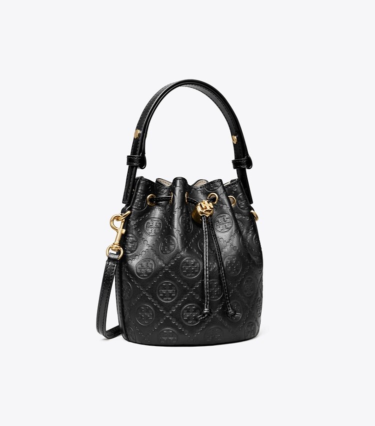 Tory Burch designer sacs à bandoulière Mini sac seau en cuir T Monogram in Black angle