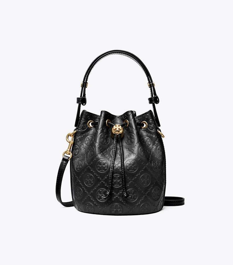 Tory Burch designer sacs à bandoulière Mini sac seau en cuir T Monogram in Black front