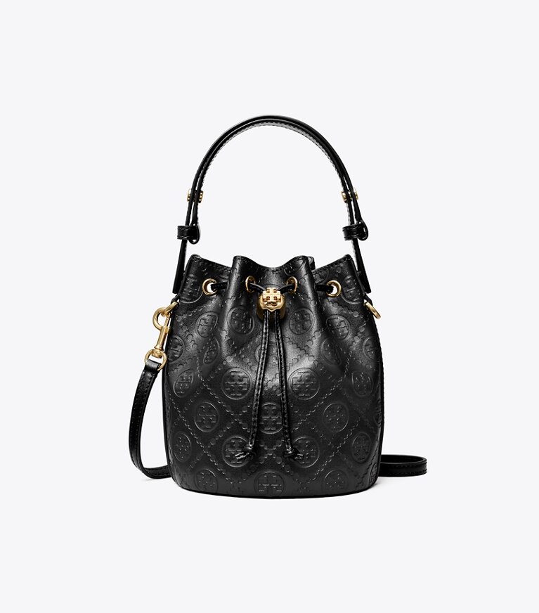 Tory Burch designer sacs à bandoulière Mini sac seau en cuir T Monogram in Black angle