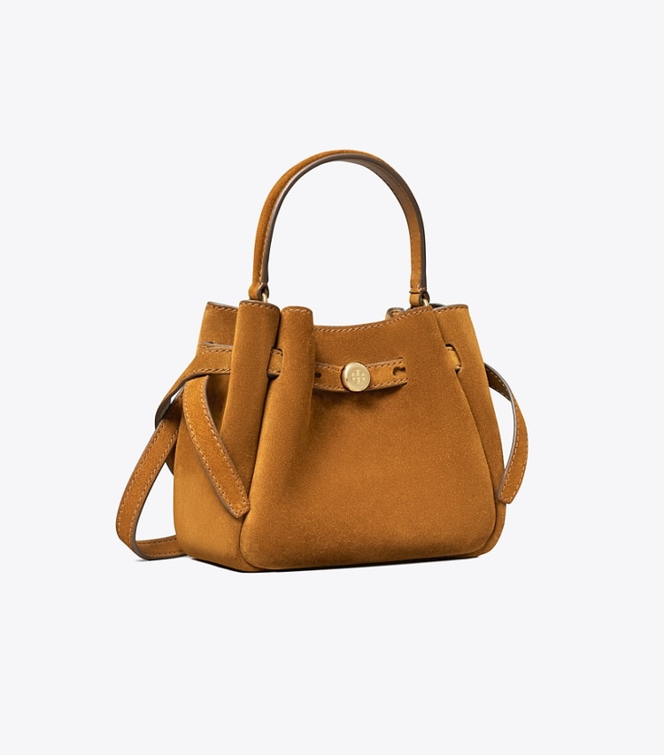 Tory Burch designer sacs à bandoulière Mini sac seau Romy en daim in Caramel angle