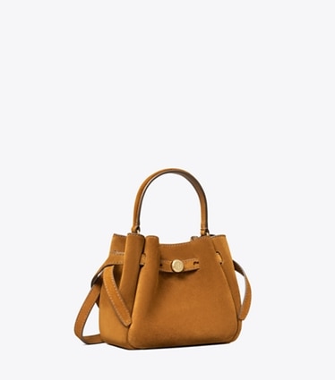 Tory Burch designer sacs à bandoulière Mini sac seau Romy en suède dans Caramel angle