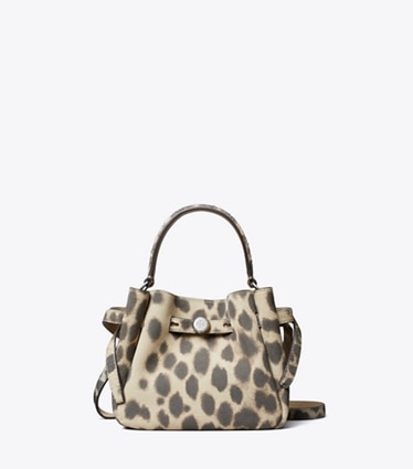 Tory Burch designer sacs à bandoulière Mini sac seau Romy en suède dans Cheetah de face