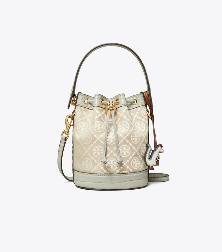 Tory Burch designer sacs à bandoulière Mini sac seau T Monogram Cloud dans Misty Cloud de face