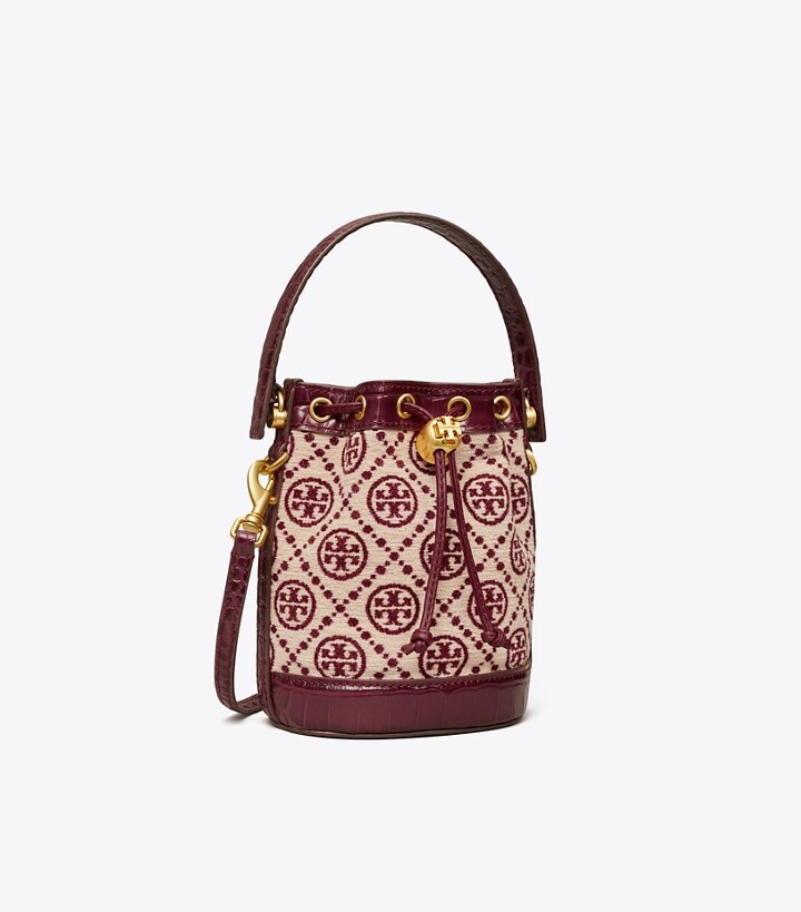 Tory Burch T Monogram Mini Chenille Bucket Bag Claret New Cream