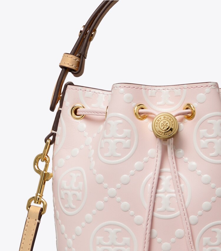 Tory Burch designer sacs à bandoulière Mini sac seau T Monogram en cuir embossé contrastant in Powder Pink informations