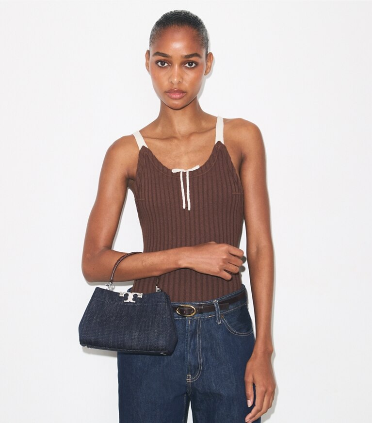 Tory Burch diseñador bolsos bandolera Mini Satchel de mezquilla Eleanor en Midnight accesorio en modelo