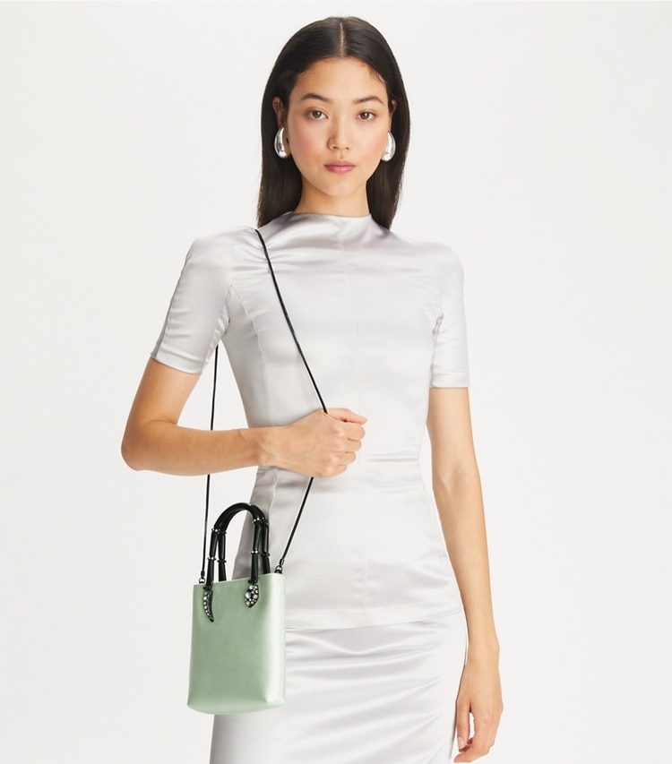 Tory Burch designer crossbody bags Mini Satin Snake Handle Tote in Mint accessory on model