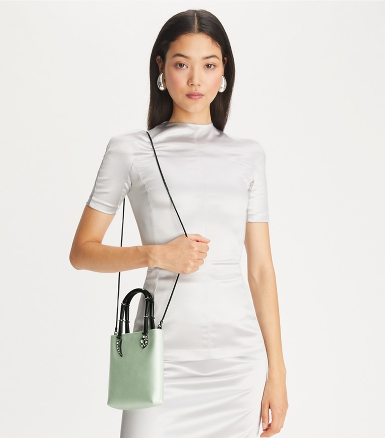 Tory Burch designer crossbody bags Mini Satin Snake Handle Tote in Mint angle