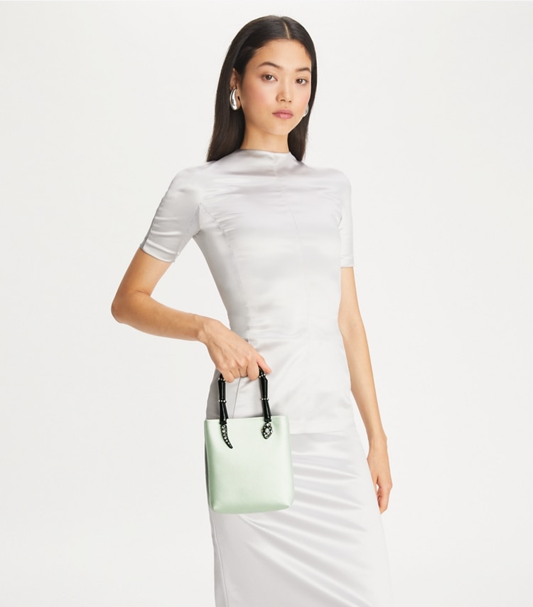 Tory Burch designer crossbody bags Mini Satin Snake Handle Tote in Mint additional on model