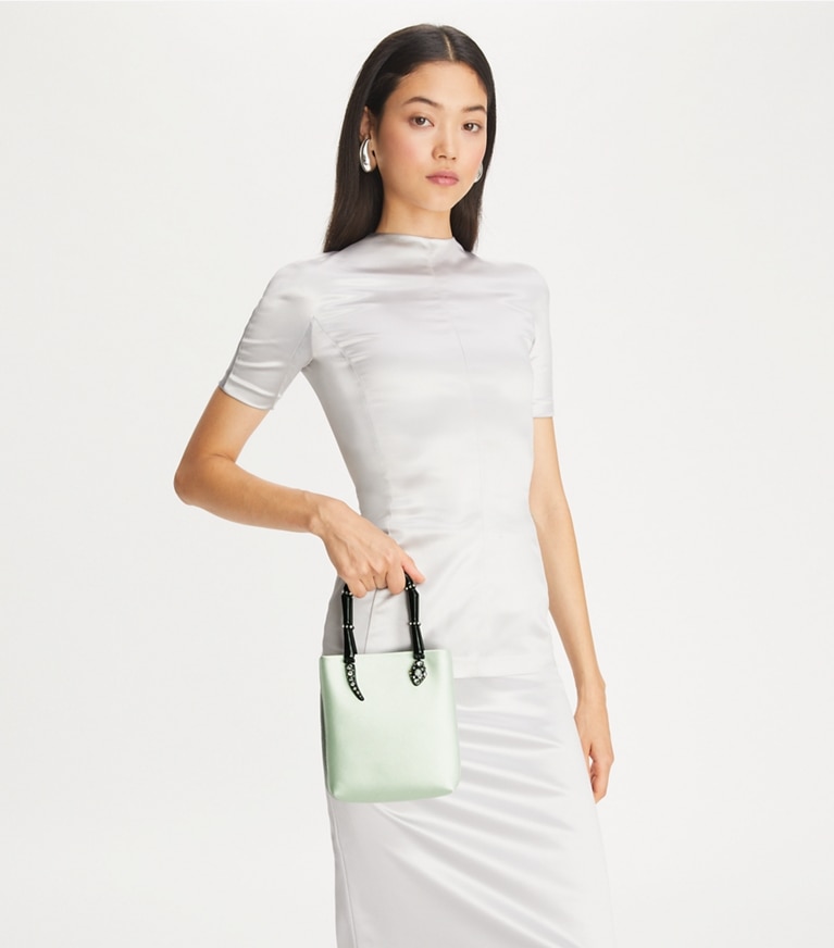 Tory Burch designer crossbody bags Mini Satin Snake Handle Tote in Mint angle