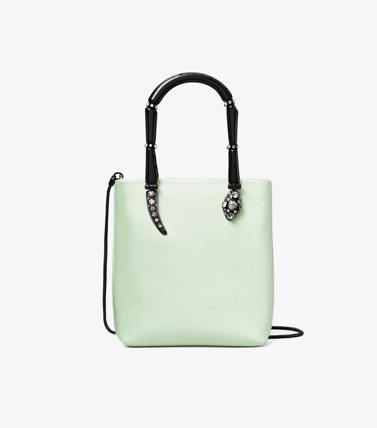 Tory Burch designer crossbody bags Mini Satin Snake Handle Tote in Mint angle