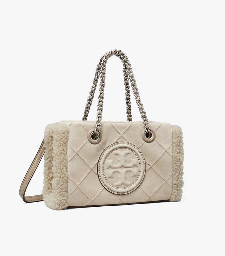 Tory Burch designer borse a spalla Mini shopping Fleming in morbido shearling con catena in Cotton Grey angle