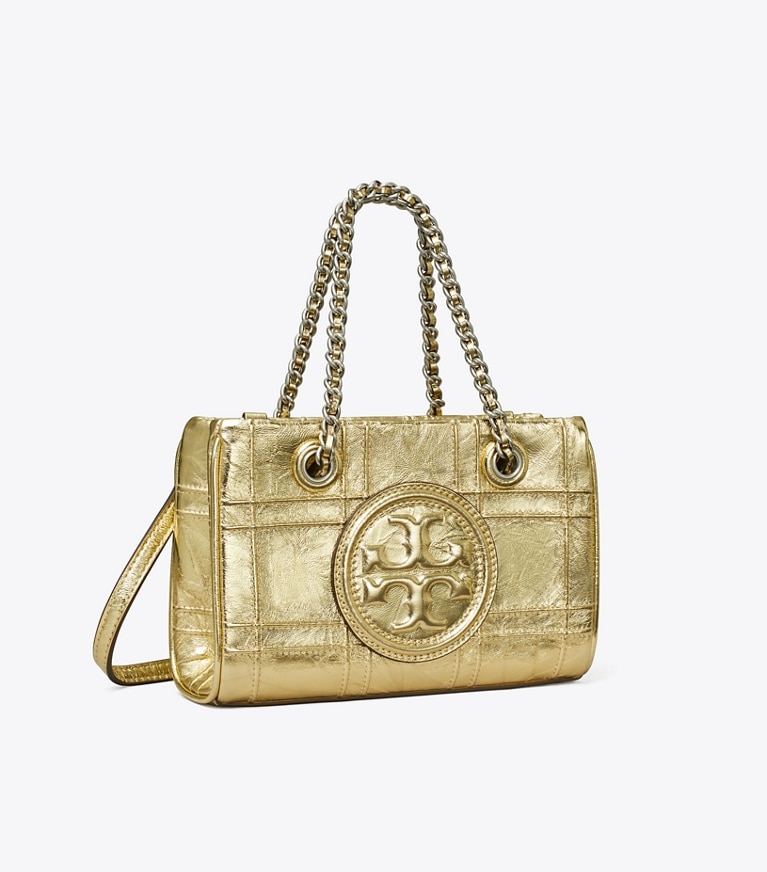 Tory Burch designer borse a spalla Mini shopping Fleming morbida con catena in 18 Kt Gold angle