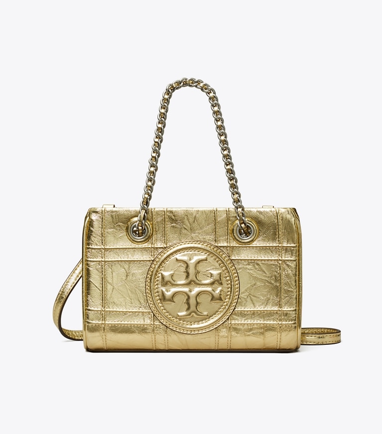Tory Burch designer borse a spalla Mini shopping Fleming morbida con catena in 18 Kt Gold front