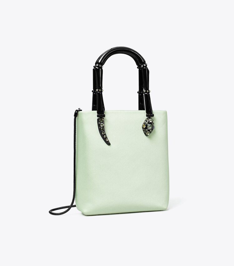 Tory Burch designer borse a spalla Mini shopping Snake in raso con manici in Mint angle